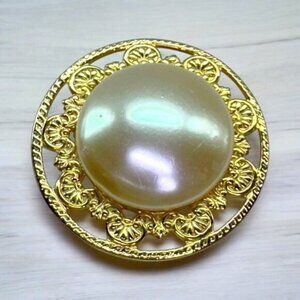 Vintage Gold Tone Round Brooch Faux Pearl Button Centre